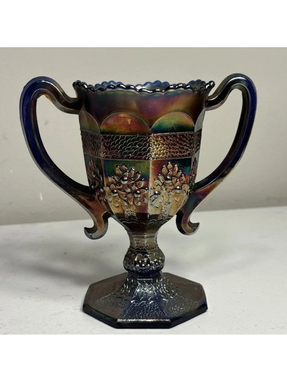 Fenton Blue Carnival Glass Orange Tree Loving Cup